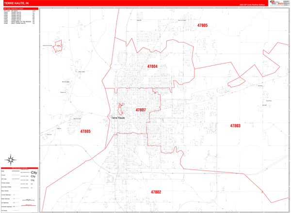 Terre Haute City Wall Map Red Line Style